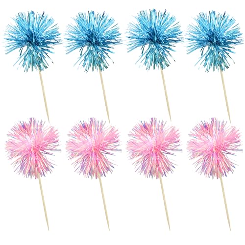 30Pcs Foil Firework Cupcake Toppers Sparkle Tinsel Cupcake Picks Happy Birthday Cake Decorations Drink Stirrers Cocktail Food Toothpicks for Baby Shower Graduation Party Supplies Blue Pink (30 Count)