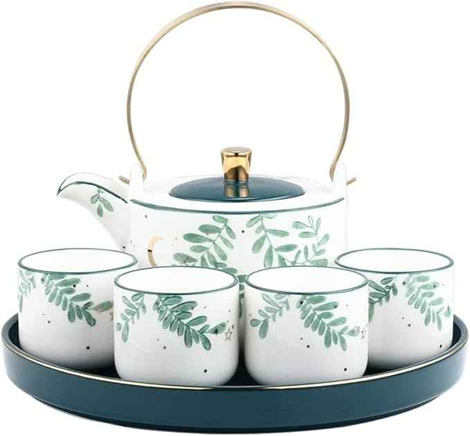 6-Piece Luxury Porcelain Tea Set with Teapot, 4 Tea Cups, Tray, Modern Nordic Design, Ideal for Tea Parties, Gifts, and Home Decor
