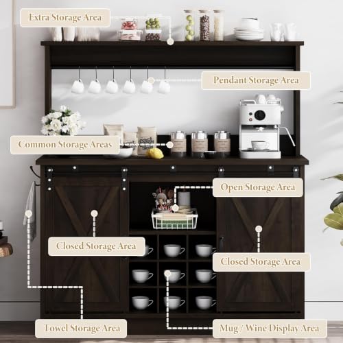 47" Farmhouse Coffee Bar Cabinet with Storage Hutch