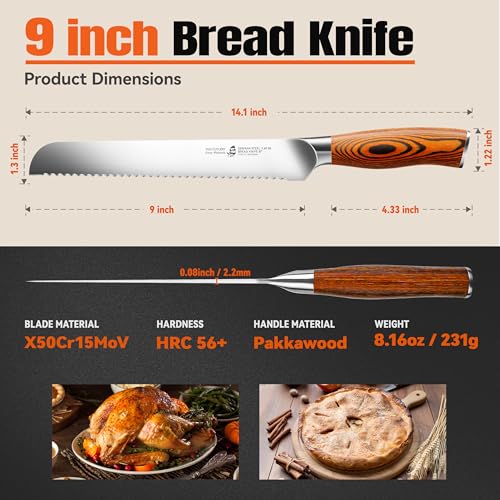 Bread Knife 9 inch Sharp Serrated Slicing Knife for Homemade Sourdough Bread
