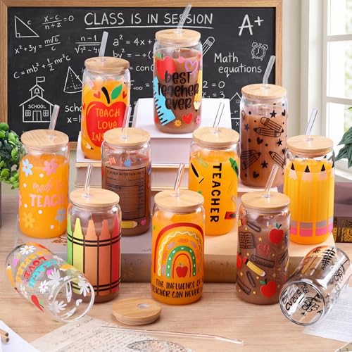12 Sets Back to School Teacher Gifts Bulk 16 oz Apple Crayon Pencil Glass Cup with Lid and Straw Iced Coffee Tumbler for Teacher from Students First Day of School Party Favors (12 Count)