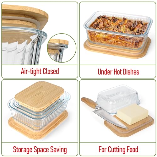 Ribbed Glass 4 Stackable Meal Prep Containers with Bamboo Lids