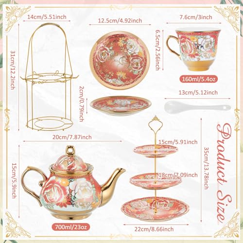 21 Pcs Porcelain Tea Set for Women Tea Party with Metal Holder and 3 Tier Cake Stand Ceramic European Floral Teapot Set for Adults Mother's Day Christmas Thoughtful Gift