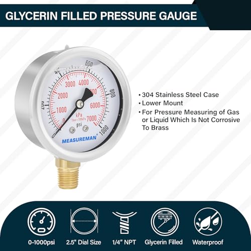 2-1/2inch Dial Size, Liquid Filled Pressure Gauge, 0-1000psi/7000kpa, 304 Stainless Steel Case, 1/4inchNPT Lower Mount