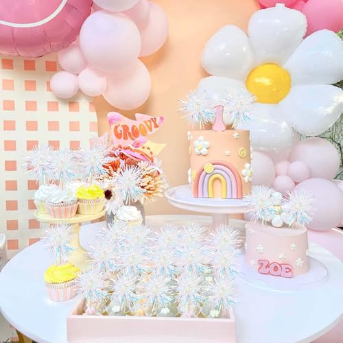 30 PCS Foil Firework Cupcake Toppers Happy Birthday Cupcake Toppers Sparkle Tinsel Flower Drink Stirrers Cocktail Fruit Toothpicks for Valentine's Day Baby Shower Party Cake Decor Supplies White (30 Count)