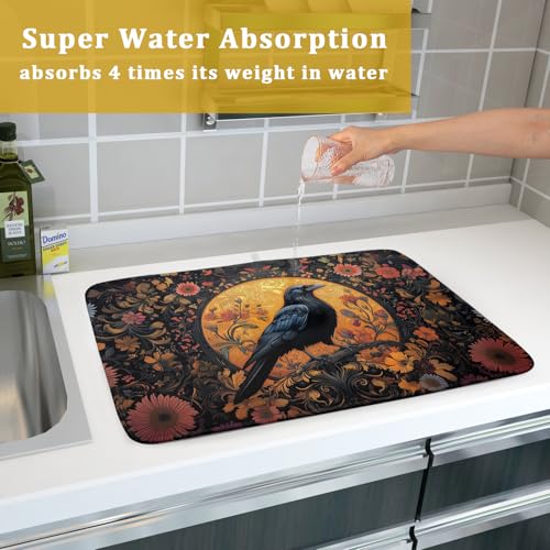 Vintage Crow Dish Drying Mat 18"x24" Gothic Black Raven Boho Flowers Dish Drainer Mats Rustic Halloween Farmhouse Reversible Large Dish Drying Pad Protector for Kitchen Countertop Decor
