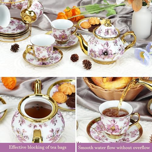 20 Pcs Porcelain Tea Set With Metal Holder