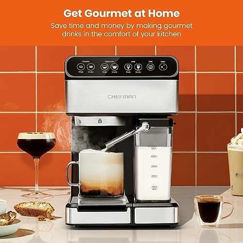 6-in-1 Espresso Machine with Built-In Milk Frother, 15-BAR Pump, Digital Display, One-Touch Single or Double Shot for Cappuccinos and Lattes, XL 1.8-L Water Reservoir, Stainless Steel