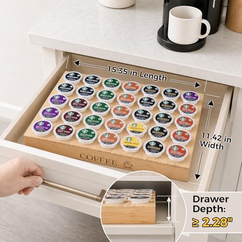 BamBoo k cup holder Drawer or Countertop k cup Organizer Coffee Pod Holder Hold 35 Coffee Pod Storage Kcup coffee pods holder for coffee station Office and Kitchen k cup storage