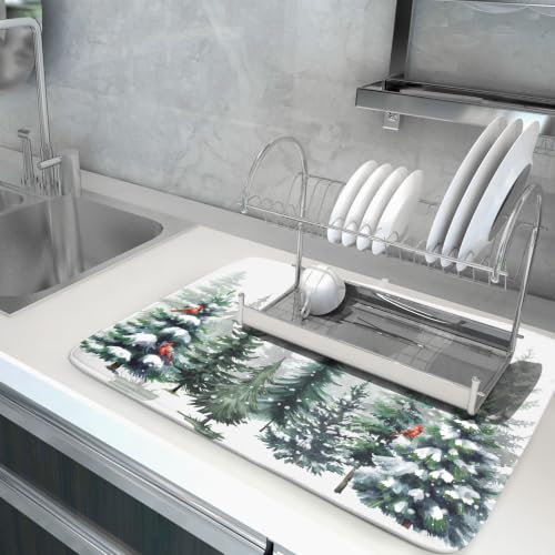 Green Pine Tree Forest Dish Drying Mat for Kitchen Counter