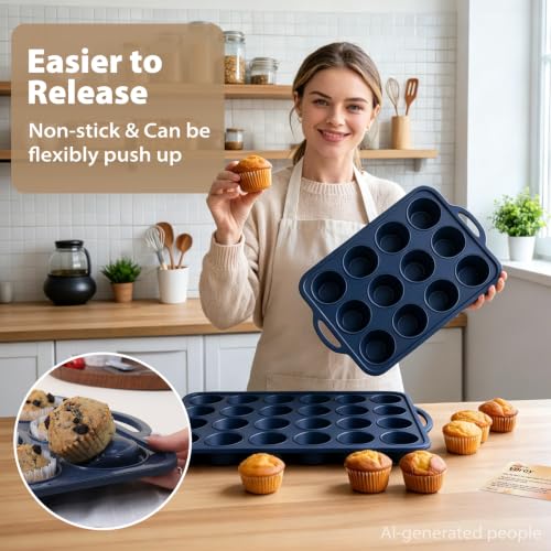 2 Pack Silicone Muffin Pan 12 & 24 with Frame Non Stick Cupcake Baking Tin (2 Count)