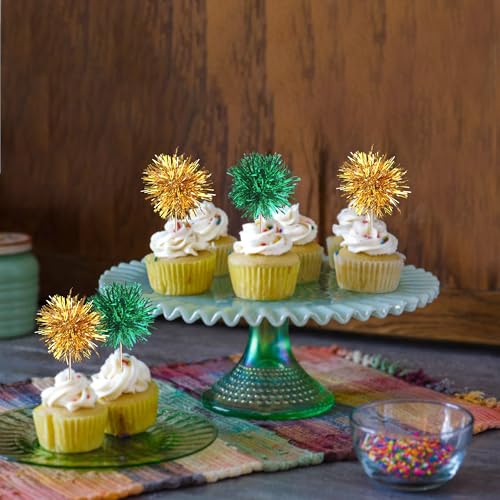 40 PCS Foil Firework Cupcake Toppers Fireworks Cupcake Picks Sparkle Tinsel Cake Decorations Cocktail Fruit Toothpick for Firework Theme Birthday Wedding Graduation Party Decor Supplies Gold Green (40 Count)