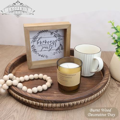 Round Burnt Wood Serving Tray with Beads