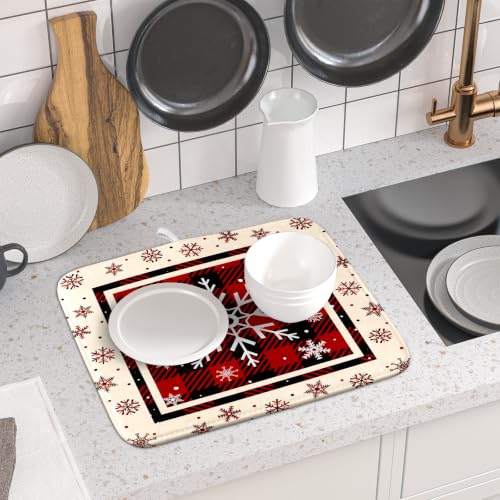 16"x18" Christmas Snowflakes Dish Drying Mat Xmas Red Black Buffalo Plaids Winter Snow Dish Drainer Mats Microfiber Reversible Dish Drying Rack Pad for Kitchen Countertop Tabletop Decor
