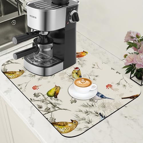 Cute Birds Coffee Mat Absorbent Dish Drying Mat for Kitchen Counter Hide Stain Rubber Backed Coffee Bar Accessories Fit Under Espresso Machine Cafe Table