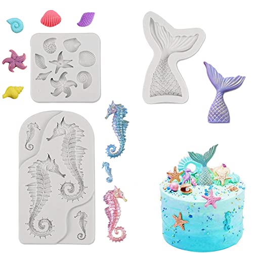Mermaid Theme Cake Fondant Mold 3pcs Seahorse Seashell Starfish Mermaid Tail Under the Sea Silicone Baking Mold for Chocolate Candy Cake Decoration Polymer Clay Gum Paste Craft
