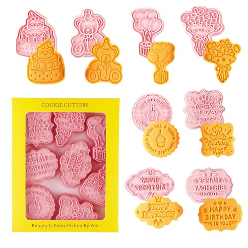 8PCS Happy Birthday Cookie Cutter Sets 3D Plastic Cookie Cutters with Plunger Stamps Pressable Biscuit Mold Cookie Molds Cake Baking Fondant Cutter Birthday Party DIY Cookie Decorating Supplies (8 Count)