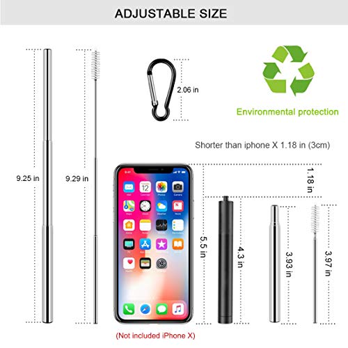 2 Pack Reusable Metal Straws Collapsible Stainless Steel Drinking Straw Travel Portable Telescopic Straw with Case for Cruise Ship Essentials Black