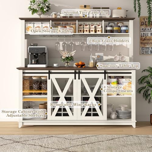 63"Wide 58"H Farmhouse Coffee Bar Cabinet with Power Outlet and LED Light