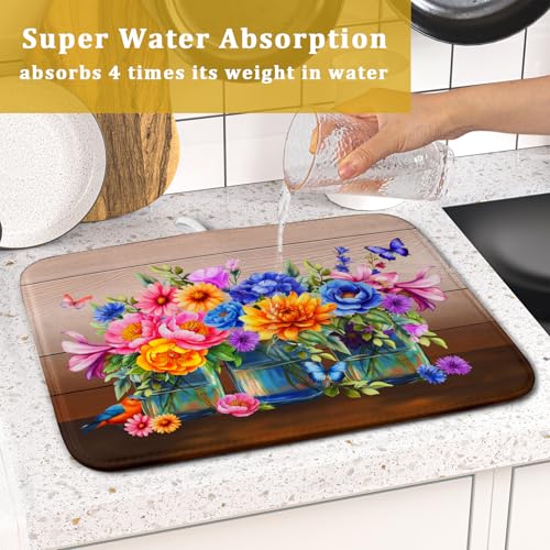 Colorful Flowers Dish Drying Mat for Kitchen Counter 16x18in Spring Summer Flower Vases Dish Mat Drying Absorbent Microfiber Dish Drainer Rack Mats Botanical Floral Dishes Pad for Countertops