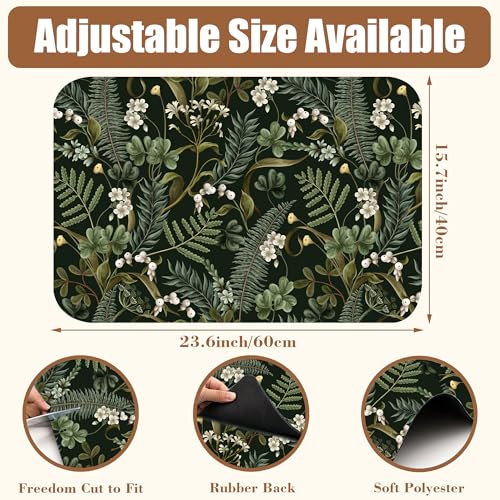 White Flowers and Berries Coffee Mat Fern and Leaves Dish Drying Mat Absorbent Hide Stain Rubber Backed Coffee Bar Accessories Fit Under Espresso Machine Cafe Table