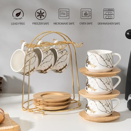 Ceramic Espresso Cups with Saucers and Metal Stand (7.6 Count)