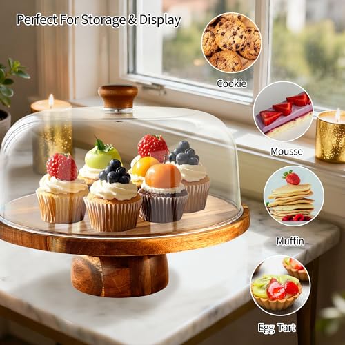 Acacia-Cake-Stand-with-Acrylic-Lid, 2-in-1 Wood Cake Holder Charcuterie Board with Cover, Round Cake Plate with Dome for Party，Dessert Table Display Stand