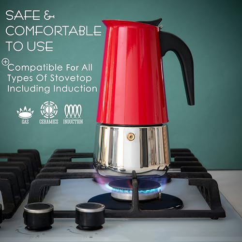 9 Cup Greca Moka Pot Red Stainless Steel Stovetop Espresso Maker (9 Count)