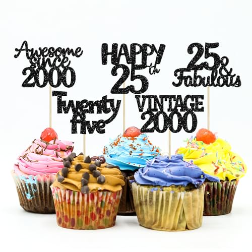 30Pcs Vintage 2000 Cupcake Toppers Glitter 25th Birthday Cake Decorations