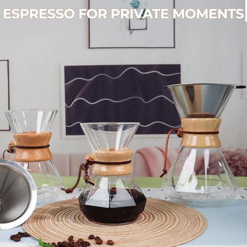 Pour Over Coffee Maker 400ml with 304 Stainless Steel Filter Wooden Collar Holder Borosilicate Glass Drip Coffeemaker Server Set Clear Hand Brew Dripper Carafe for Home Camping Travel 13.5oz