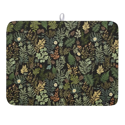 Black Green Botanical Dish Drying Mat for Kitchen Counter 18x24 Inch Super Absorbent Microfiber Kitchen Drying Mat Green Plant Fern Leaves Floral Dish Reusable Washable Dish Drying Pad for Coffee Bar