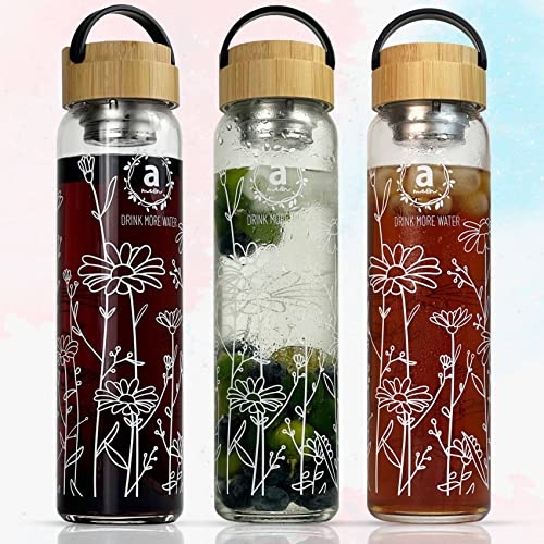 32oz Borosilicate Glass Water Bottle with Bamboo Lid and 2 Tea Infuser Sets for Fruit Infused Water and Cold Brew Coffee