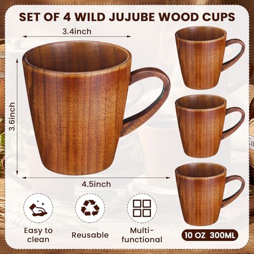 4 Pcs Wooden Coffee Mugs 10 oz Handmade Wood Vintage Rustic Tankard Viking Stein Beer Cups for Coffee Tea Beer Gift for Family Men Dad Friend Drink Tea or Home Outdoor Use (4 Count)