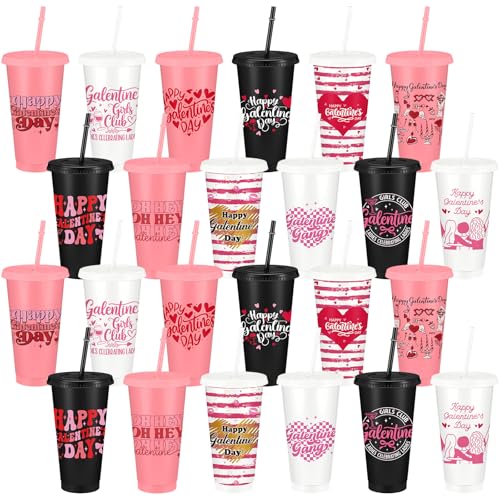 24 Pcs Galentines Gang Cups Bulk 24oz Plastic Reusable Galentines Day Tumbler with Lids and Straws Heart Valentine's Day Gifts Party Favors Supplies Decorations for Women Girls Friendship (24 Count)
