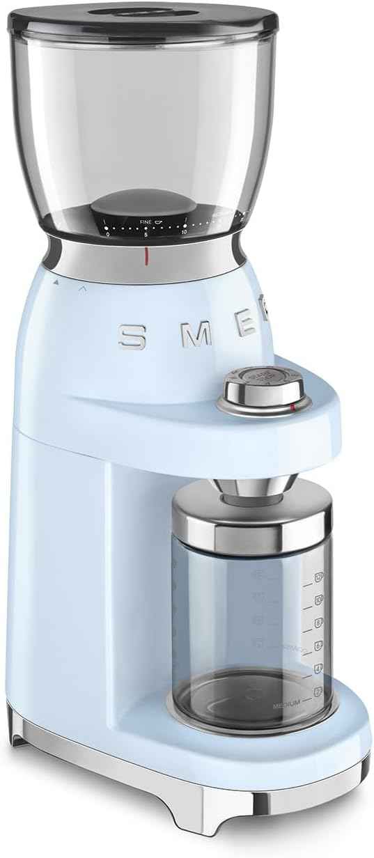 SMEG CGF11 Retro-Style Coffee Grinder – Burr Mill with 30 Grind Settings, Stainless Steel Conical Burrs, Removable Hopper – Precision Countertop Grinder for Espresso, Drip, French Press-Pastel Blue