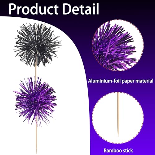 40 PCS Foil Firework Cupcake Toppers Sparkle Tinsel Cupcake Picks Fireworks Birthday Party Decorations Cocktail Fruit Toothpick for Birthday Wedding Graduation Party Decorations Supplies Black Purple (40 Count)