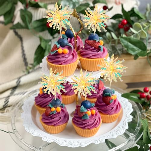 30Pcs Foil Firework Cupcake Toppers Happy Birthday Cake Toppers Tinsel Flower Drink Stirrers Cocktail Food Fruit Toothpicks for Valentine's Day Party Birthday Wedding Supplies Yellow (20 Count)