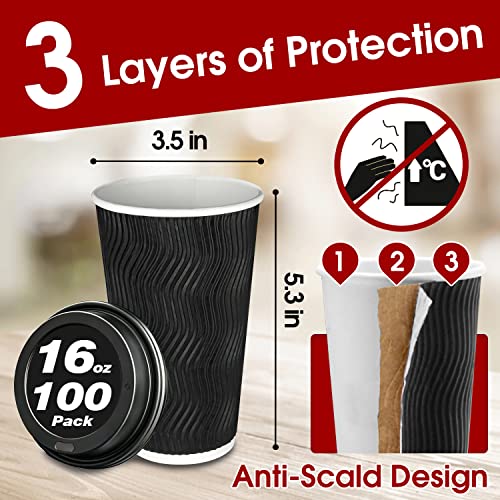 100 Pack 16 oz Disposable Insulated Coffee Cups with Lids (100 Count)