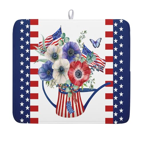 American Flag 4th of July Dish Drying Mats for Kitchen Counter Patriotic Flowers Dry Dishes Pads 16x18 Inch Microfiber Absorbent Independence Day Drainer Pad Tableware Mats Protector for Countertops