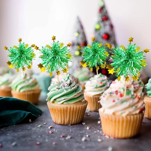 30Pcs Foil Firework Cupcake Toppers Happy Birthday Cake Toppers Tinsel Flower Drink Stirrers Cocktail Food Fruit Toothpicks for Valentine's Day Party Decorations Green (30 Count)