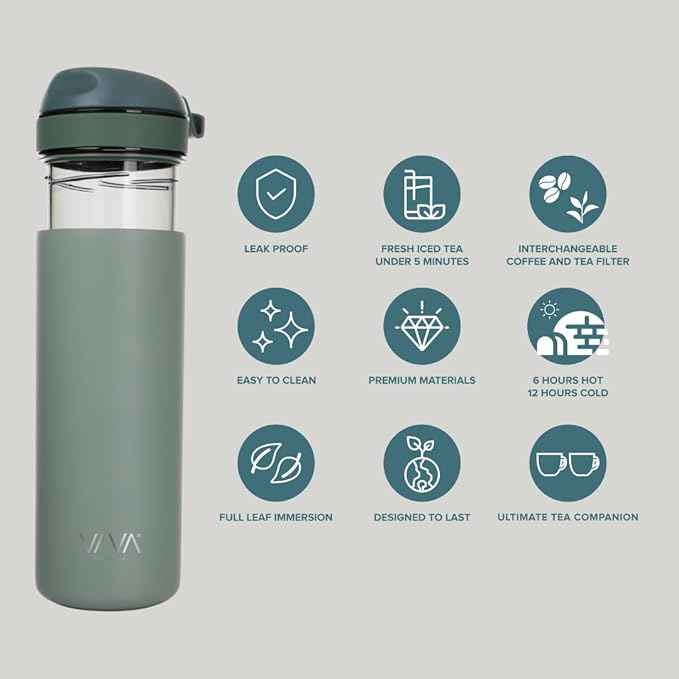 VIVA Recharge Mint Insulated Tea & Coffee Mug & Travel French Press Coffee Maker, 16 oz, Brew & Drink From the Same Coffee Mug On the Go or Camping
