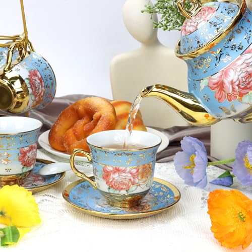 20 Pcs Porcelain Tea Set with Metal Holder (20 Count)