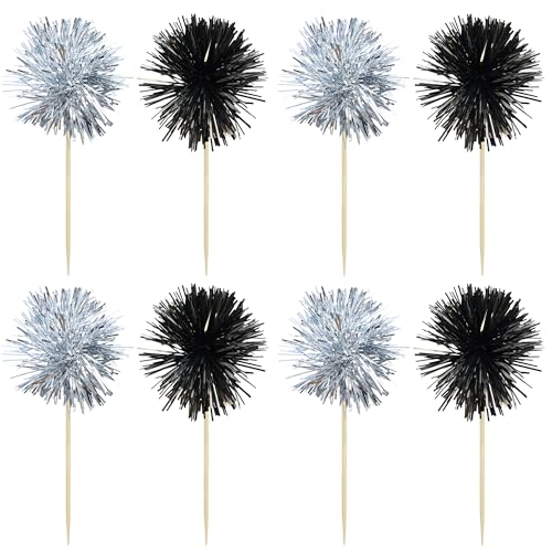 30Pcs Foil Firework Cupcake Toppers Sparkle Tinsel Cake Toppers Tinsel Drink Cake Decoration Cocktail Picks for Birthday Wedding Graduation Party Supplies Black Silver (30 Count)