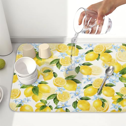 Lemon Dish Drying Mat 18x24 Inch Absorbent Reversible Summer Drying Mat Floral Lemon Fruits Dish Drying Rack Mat Yellow Summer Themed Dish Drainer Mat for Kitchen Counter Coffee Bar