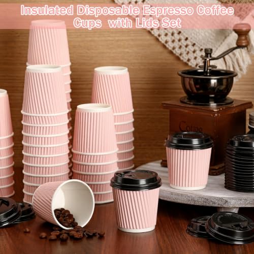 100 Set 4oz Disposable Espresso Cups with Lids Ripple Corrugated Paper Disposable Coffee Insulated Hot Ripple Cups for hot Chocolate (100 Count)