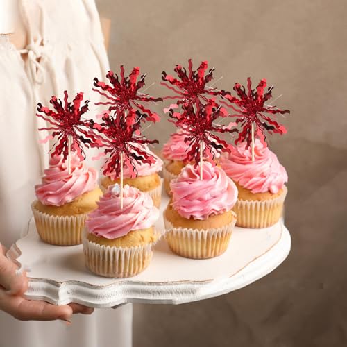 30 PCS Foil Firework Cupcake Toppers Sparkle Tinsel Cupcake Picks Happy Birthday Cake Toppers Drink Stirrers Cocktail Food Fruit Toothpicks for Baby Shower Birthday Party Decorations Supplies Red (30 Count)