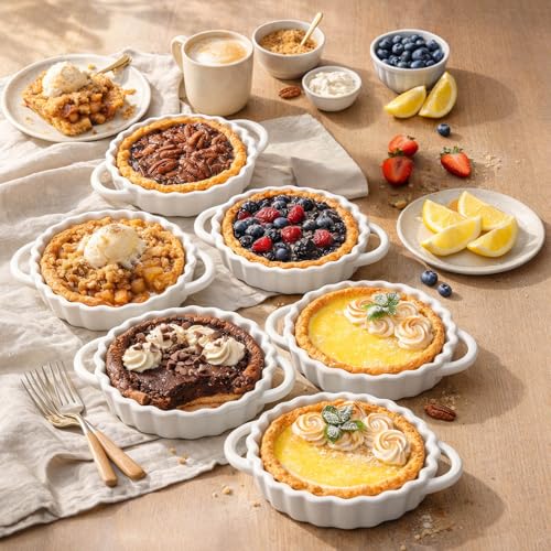 6in Ceramic Mini Pie Pan Set of 6 with Handles for Pie Quiche Tart. Easy to grip (6 Count)