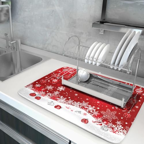 Xmas Balls Dish Drying Mat for Kitchen Countertop Winter Red White Snowflakes Dish Drainer Mats 18x24inch Reversible Dish Drying Rack Pad Protector for Dining Holiday New Year Decor