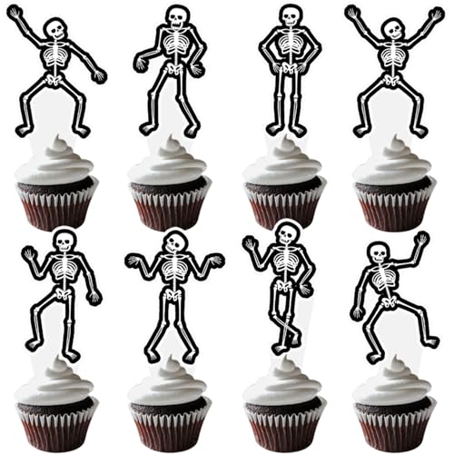 Dancing Skeleton Halloween Cupcake Toppers 48PCS Black Skull Party Cake Decorations Skeleton Cupcake Picks Halloween Birthday Party Decorations for Horror Theme Party Baby Shower Supplies (48 Count)