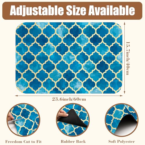 Dish Drying Mat Blue Moroccan Tile Coffee Bar Mat for Countertop Absorbent Hide Stain Rubber Backed Dish Drainer Rack Pad Coffee Maker Espresso Machine Dining Room Decor 15.7 x 23.6 Inch